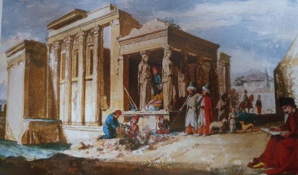 Pausanias wrote about a gold ever burning lamp in the temple of Minerva Polias, whose west end can be seen in this painting by James Stuart from the 1700s. (Public domain)