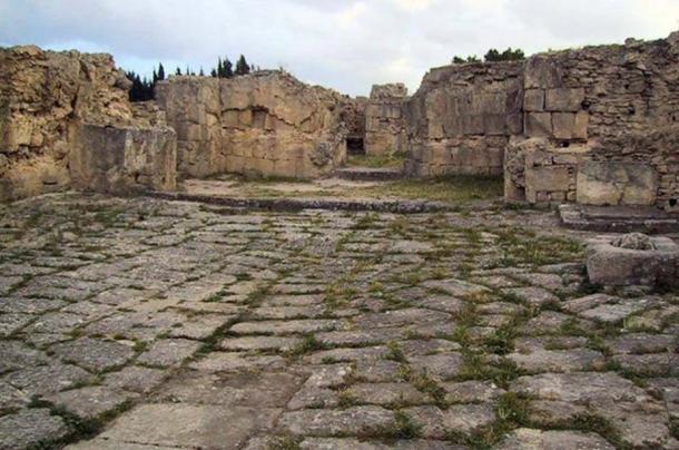 Paved floor and walls in the ruins of the Ugarit palace.