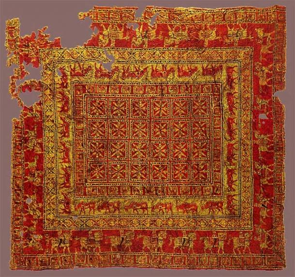 Pazyryk Carpet. (Public Domain) The world's oldest known pile carpet was found in the largest of the Pazyryk burial mounds, Altay mountains. It is exhibited in the Hermitage Museum Saint Petersburg.