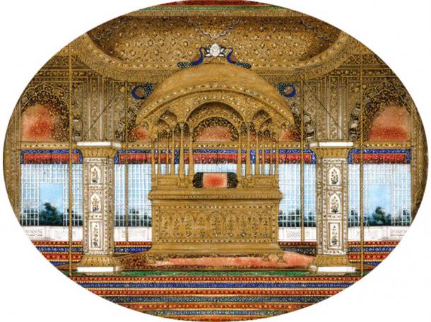 Painting depicting the Peacock Throne in the Diwan-i-Khas of the Red Fort of Delhi.