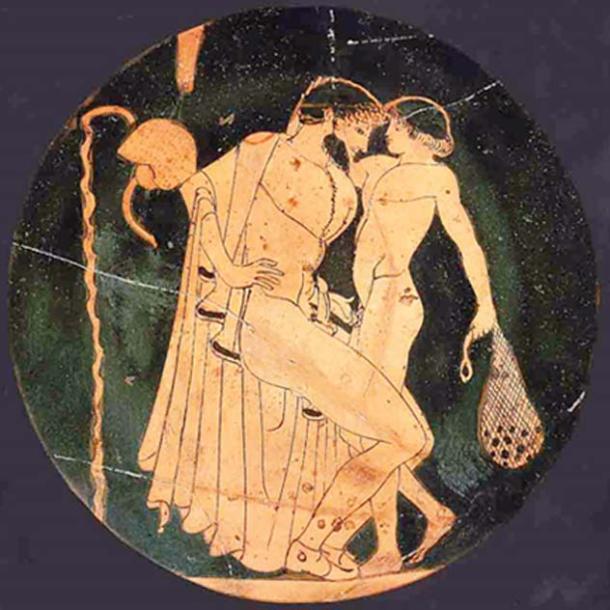 Pederastic scene at the palaestra: man and youth about to make love.