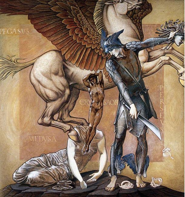 Pegasus huibuka kutoka kwa mwili wa Medusa. 'Mfululizo wa Perseus: Kifo cha Medusa I' na Edward Burne-Jones