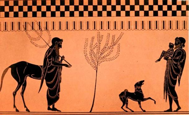 Chiron, Peleus, and infant Achilles (Public Domain)