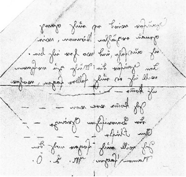 Penciled note in mirror writing found after Kaspar Hauser’s death.