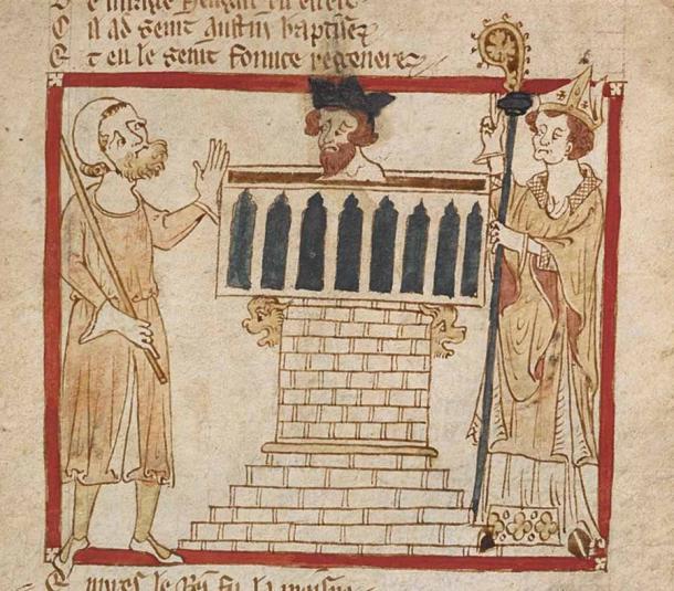 Penda of Mercia was the last Mercian king to die a non-Christian, while most Anglo-Saxon kings converted to Christianity. The image shows Æthelberht, who was King of Kent from 589 to 616 AD, being baptized by Augustine of Canterbury. (Public domain)