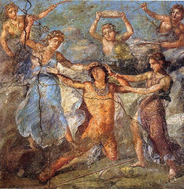 Pentheus being torn to pieces. Roman fresco from the northern wall of the triclinium in the Casa dei Vettii (VI 15,1) in Pompeii. (Public Domain)
