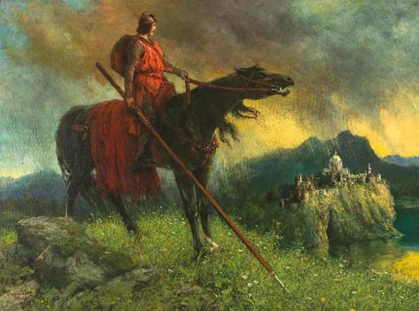 Sir Perceval en el Camino al Castillo del Grial.  Según la leyenda, Perceval fue uno de los tres Caballeros de la Mesa Redonda que descubrió el Santo Grial.  (Dominio publico)
