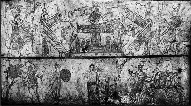 Persephone tomb in Kom el-Shoqafa, depicting different styles for different subjects: Egyptian funerary scene with Anubis, in Egyptian style (top), and myth of the Abduction of Persephone in Greek style (bottom). (Public Domain)