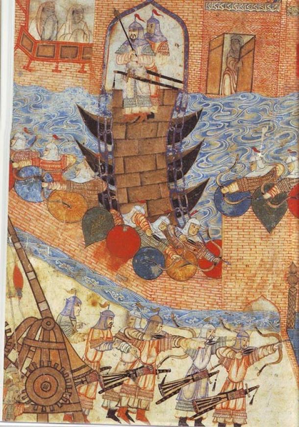 Persian painting (14th century) of Hulegu’s army besieging a city. Note use of the siege engine. 