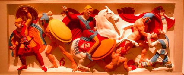 Ancient Persian and Greek soldiers as depicted on a color reconstruction of the 4th-century BC Alexander Sarcophagus. (Marsyas / CC BY-SA 2.5)