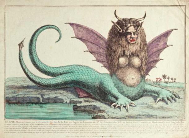 The "Peruvian harpy": a harpy with two tails, horns, fangs, winged ears, and long wavy hair. 18th century. (Wellcome Collection / Public Domain)
