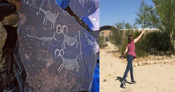 Left: Petroglyph at Big Petroglyph Canyon depicting the hunting of bighorn sheep using an atlatl, a weighted throwing stick used to propel a shafted dart and used for hunting. Right: Demonstration of throwing an atlatl. Note that the hook end is where the dart shaft rests. (Maturango Museum)