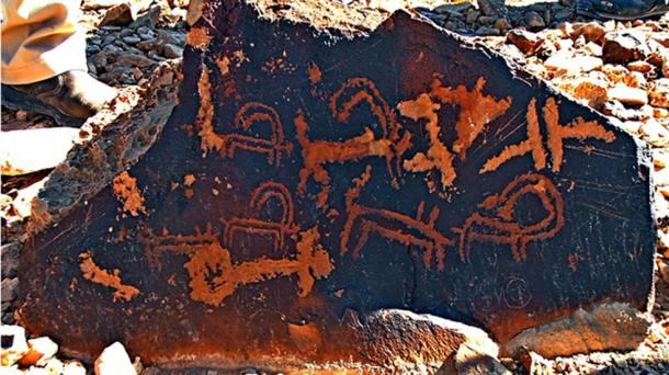Petroglyphs of Ibexes and symbols, Mount Karkom, Negev, Israel.