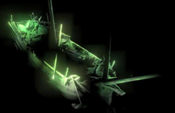 Photogrammetric model of the shipwreck, the ship's bow showing the anchor still in place. (MMT / University of Southampton)