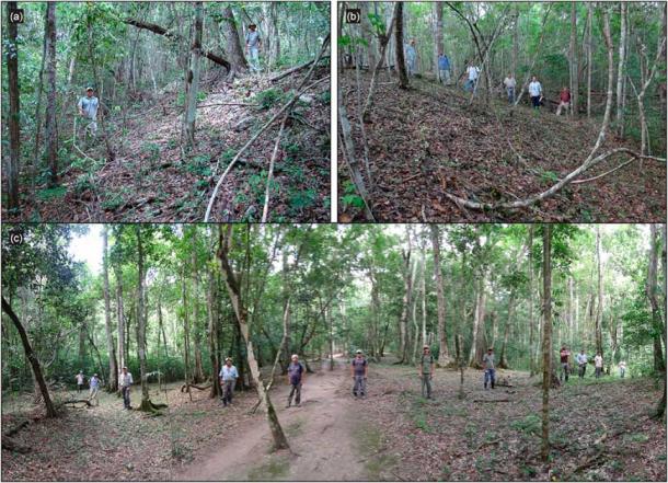 Fotografías de las aceras entre los sitios MCKB reveladas gracias a los escaneos LiDAR del sitio Maya en Guatemala.  (Hansen y otros - Cambridge University Press / CC BY 4.0)