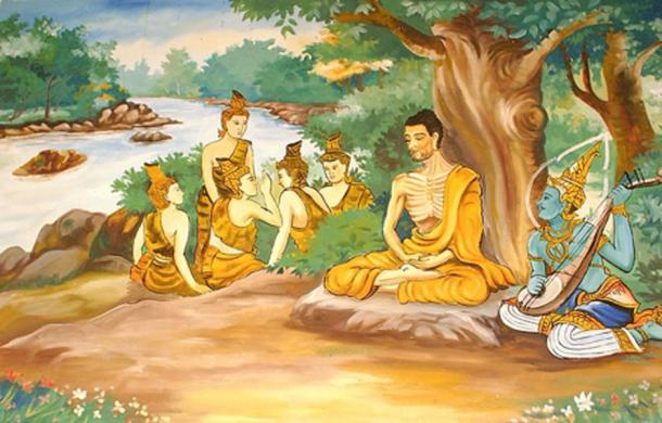 Picture of a wall painting in a Laotian temple, depicting the Bodhisattva Gautama (Buddha-to-be) undertaking extreme ascetic practices before his enlightenment. A god is overseeing his striving, and providing some spiritual protection. The five monks in the background are his future 'five first disciples', after Buddha attained Full Enlightenment. 
