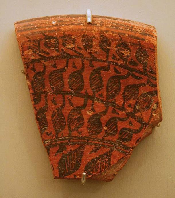 Piece of red pottery from IVC. Harappa. Fragment of large vessel.