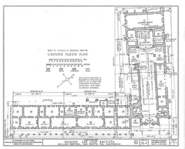 Plan of Mission San Juan Bautista showing the church’s off-square orientation