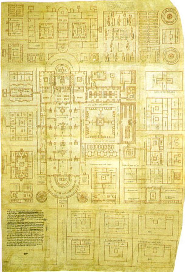 The Plan of St Gall, the only surviving major architectural drawing from the Early Middle Ages. 