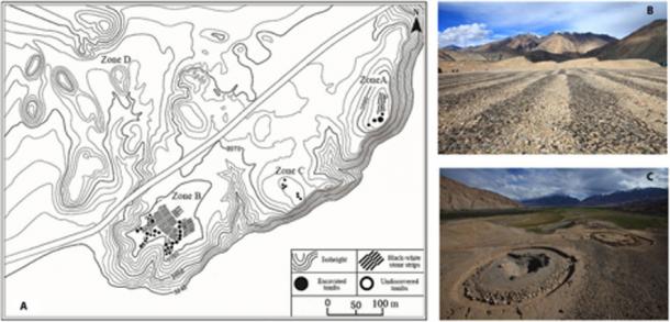 A - Plan view of the Jirzankal Cemetery where the evidence of cannabis use was found; B - black and white stone strips on the cemetery surface; C - circular burial mounds with stone rings. (Xinhua Wu / Science Advances)