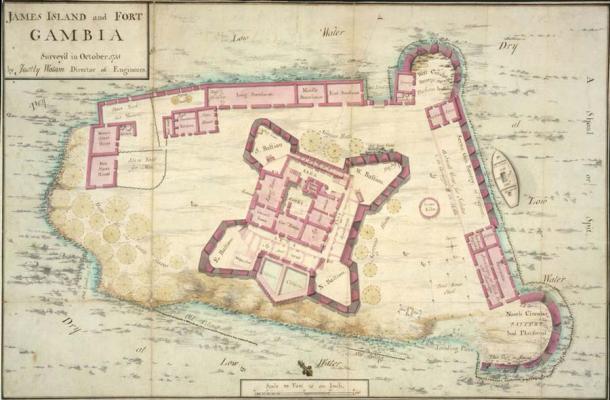 Plano de la isla Kunta Kinteh, una vez conocida como isla James, en Gambia. (Dominio publico)