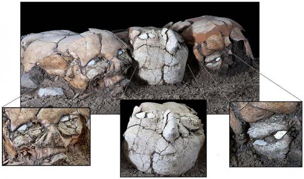 Plastered skulls from the Pre-Pottery Neolithic B site of Yiftahel in Israel. (Viviane Slon at. al. / CC BY 2.5)
