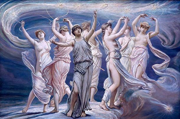 In the Greek myth of the Pleiades, a group of seven sisters were transformed into a cluster of stars, and were chased by a man seen in the Orion stars.