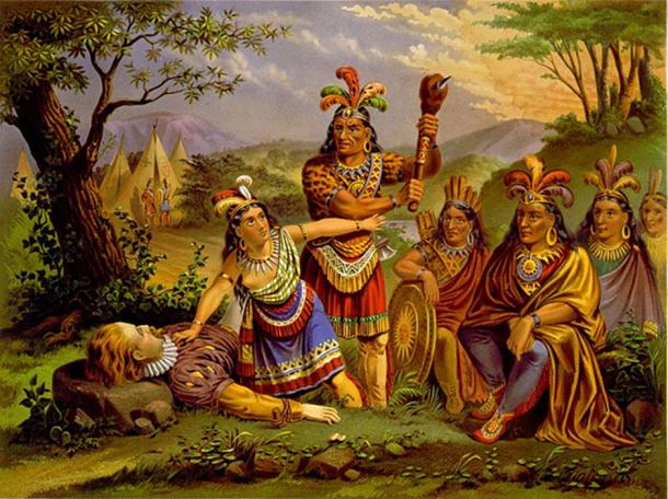 Pocahontas, one of the real life people portrayed in a Disney story, here shown saving the life of Capt. John Smith. (Alonso de Mendoza / Public Domain)