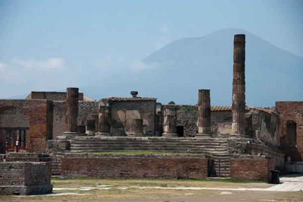 Pompeii ruins with Mount Vesuvius in the background.