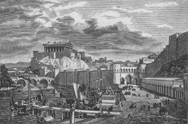 Drawing of the site of the Pons Sublicius (falsely shown as a pier). Illustration of Rome during the time of the Republic.