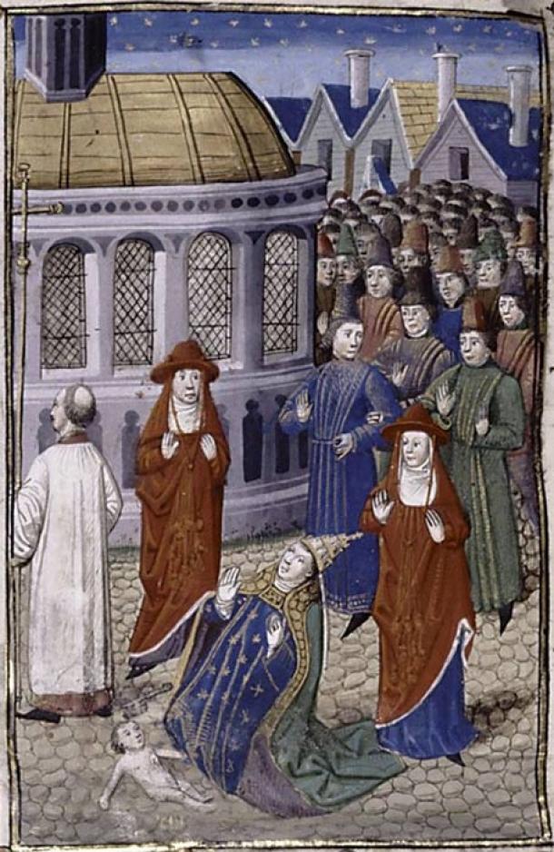 Pope Joan gives birth during a Church procession, artist Giovanni Boccaccio Circa 1450. (Public Domain)