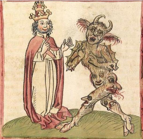 Pope Silvester II. and the Devil. Illustration from Cod. Pal. germ. 137, Folio 216v Martinus Oppaviensis, Chronicon pontificum et imperatorum