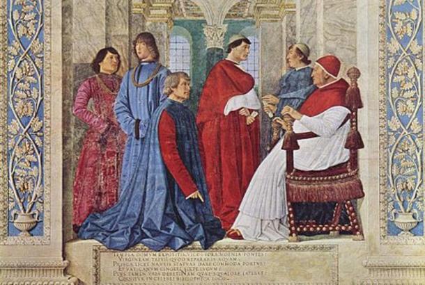 Pope Sixtus IV with his courtiers and nephews. (1477) Girolamo Riario is the figure in blue, second from the left. 