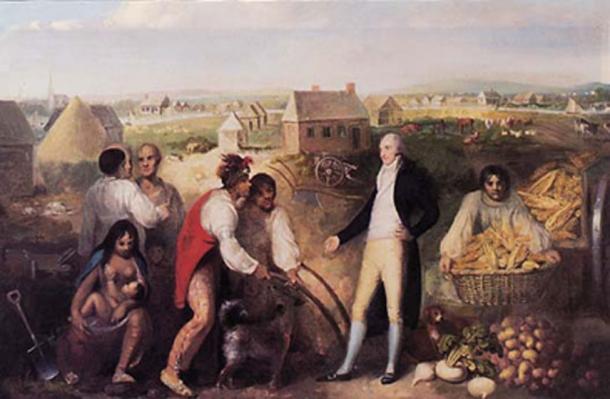Portrait of Benjamin Hawkins (1754-1818) on his plantation along the Flint River in central Georgia. (Public Domain) Here he is instructing Muscogee Creek in European technology.