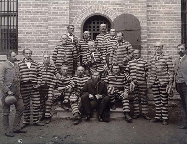 Portrait of Mormon polygamists in prison at the Utah Penitentiary c. 1889. 