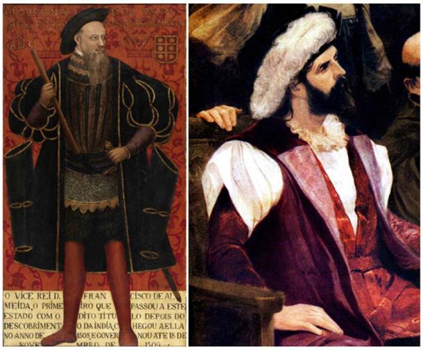 Left: Portrait of Dom Francisco de Almeida, Viceroy of Portuguese India. (Public Domain) Right: Detail of an imaginative painting showing Pedro Álvares Cabral, the first Portuguese explorer known of to reach Brazil. (Public Domain)