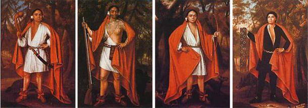 Retratos de los cuatro reyes indios, los delegados nativos americanos de la Confederación Iroquesa y los pueblos alhonquinos que visitaron a la reina Ana en Londres en 1710, por Jan Verelst. (Dominio publico)