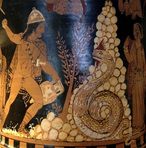 Portrayal of Cadmus fighting the dragon. Painting from a krater in the Louvre Museum, Paris.