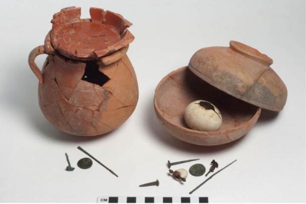Pots from ancient Sardis holding bronze instruments, coins, and a remarkably preserved eggshell from 2,000 years ago.