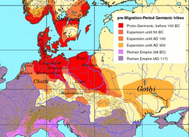 Pre-migration Period Germanic Tribe and Roman Empire territory. (CC BY-SA 3.0)