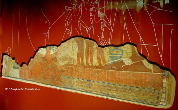 Detail of the so-called ‘Princesses fresco’ from Akhetaten (modern El-Amarna). This fragment of wall painting is the lower part of a scene depicting Akhenaten and Nefertiti relaxing with their daughters, two of which are sitting casually on floor cushions in the foreground. The painting was excavated by Sir William Flinders Petrie in the 1890s. Ashmolean Museum, Oxford.