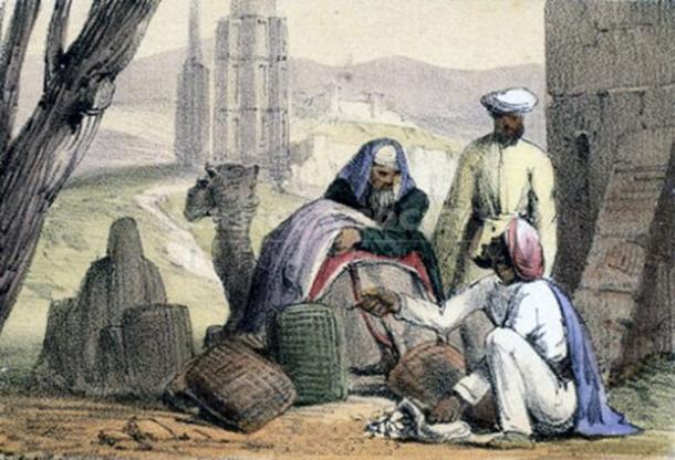 Print showing cowrie shell money being used by an Arab trader. (Andy king50 / Public Domain)