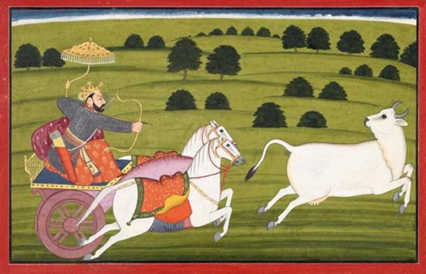 Prithu chasing Prithvi, who is in the form of a cow. (Public Domain)