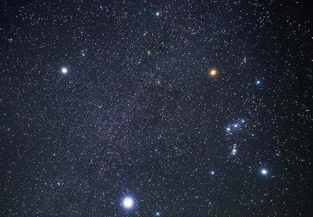 Procyon (top left), Betelgeuse (top right), and Sirius (bottom) form the Winter Triangle. Orion is to the right. (Public Domain)