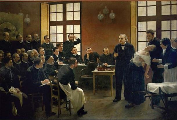 Professor Jean-Martin Charcot teaching at the Salpêtrière in Paris, France: showing his students a woman (