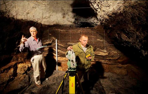 Professor Richard 'Bert' Roberts (left) and Dr Maxim Kozlikin (right) in Denisova cave. Picture: Richard Roberts