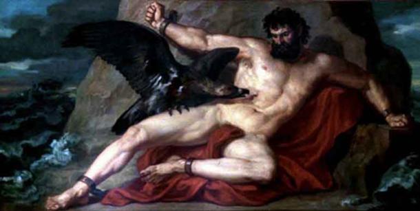 Prometheus chained to a mountain and having his liver eaten in Colchis by Griepenkerl