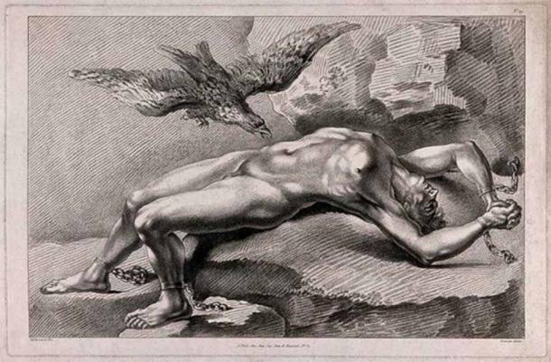 Prometheus bound to a rock, his liver eaten by an eagle, in a print by Lucien. (Public domain)