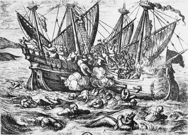 Propaganda print depicting Huguenot aggression against Catholics at sea, Horribles cruautés des Huguenots, 16th century.