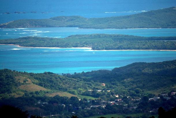 Aerial view of land in Puerto Rico, in the Caribbean.